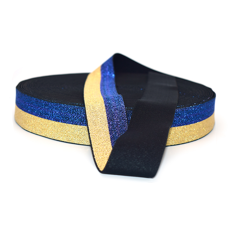 Custom Metallic Gold Silver Thread Jacquard Elastic Ribbon, Shiny Glitter Elastic Webbing Strap