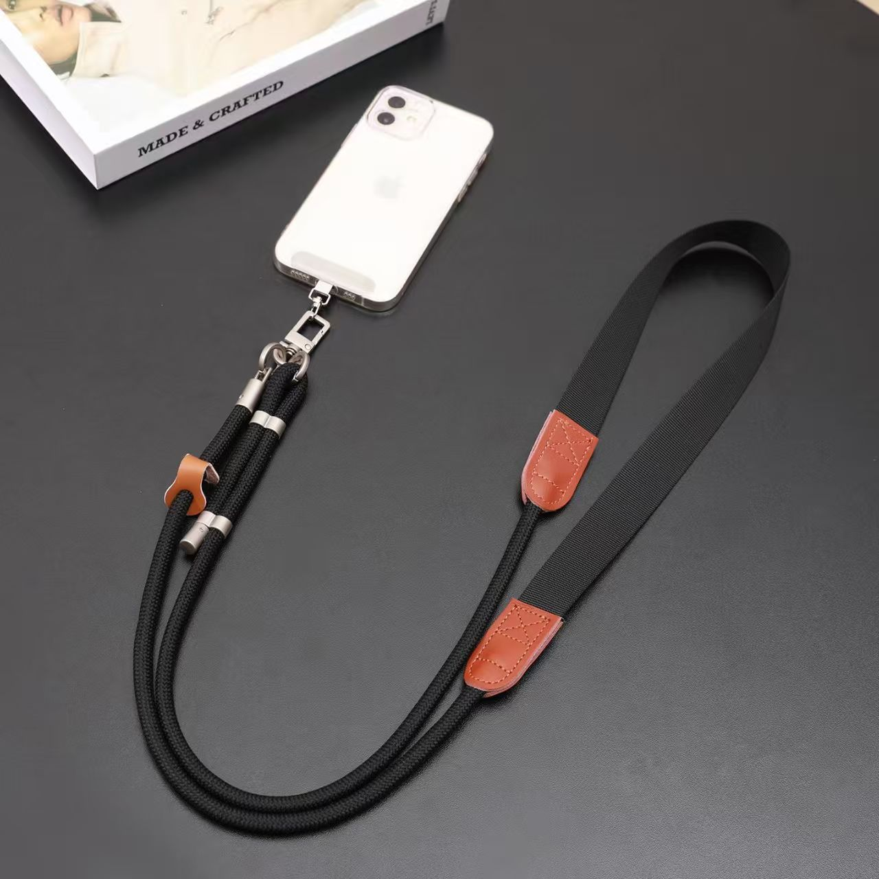 Custom OEM PU Leather Patch Crossbody Phone Lanyard Adjustable Woven Mobile Strap Custom Logo Color Length