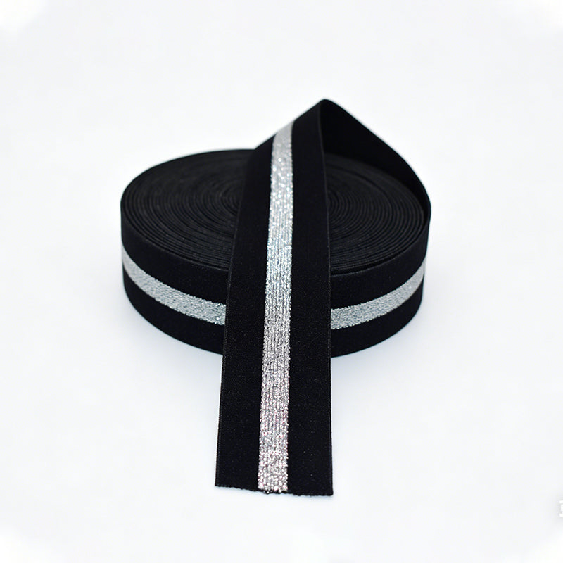 Custom Metallic Gold Silver Thread Jacquard Elastic Ribbon, Shiny Glitter Elastic Webbing Strap