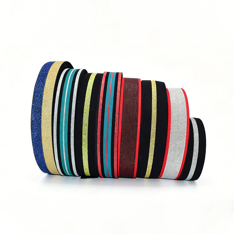 Custom Metallic Gold Silver Thread Jacquard Elastic Ribbon, Shiny Glitter Elastic Webbing Strap