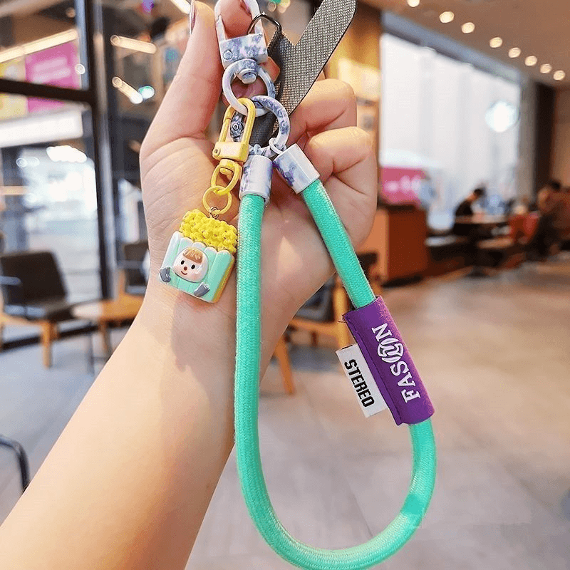 Colorful Braided Wrist Lanyard, Anti-Lost Phone Hand Strap with Cute Doll Pendant for Key Bag