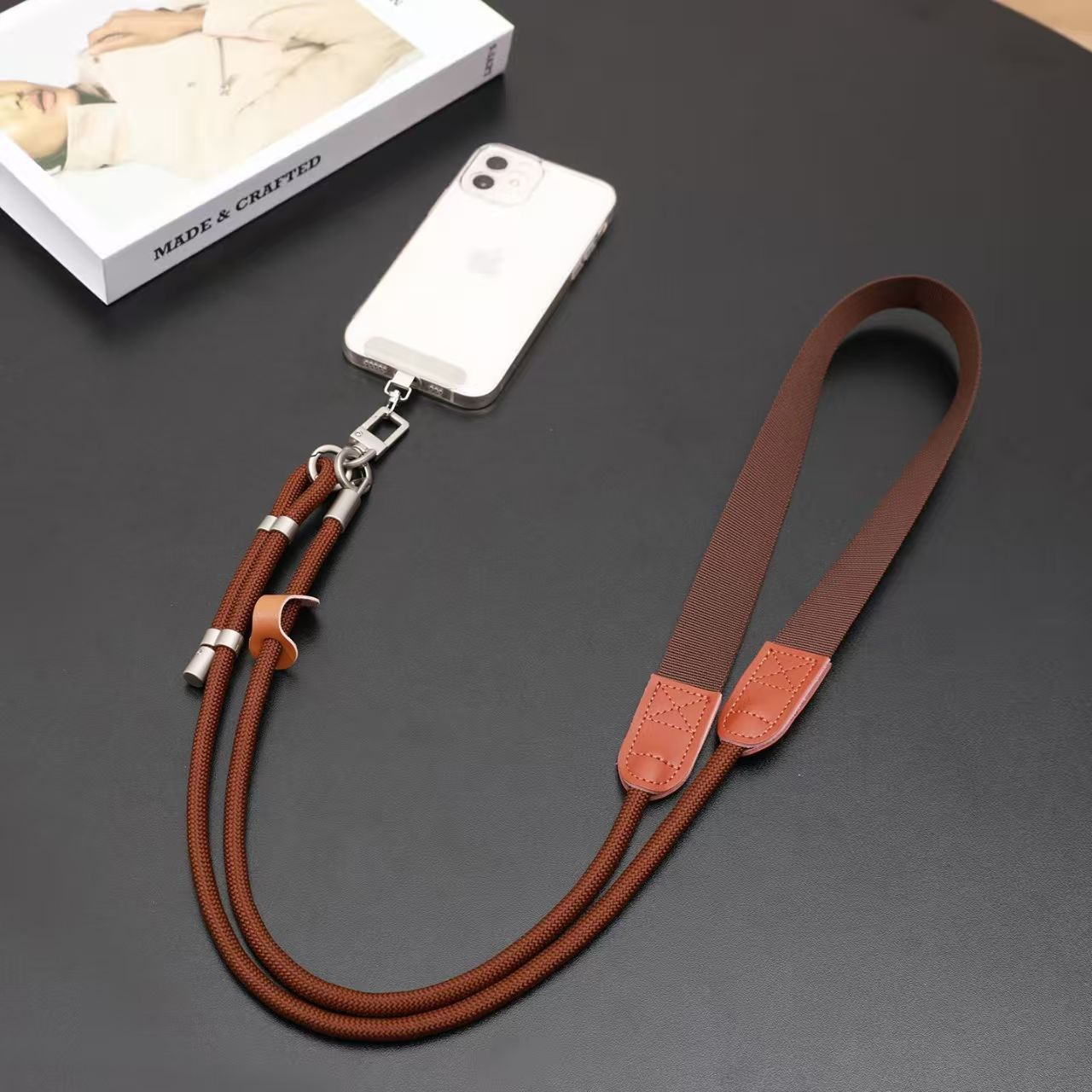 Custom OEM PU Leather Patch Crossbody Phone Lanyard Adjustable Woven Mobile Strap Custom Logo Color Length