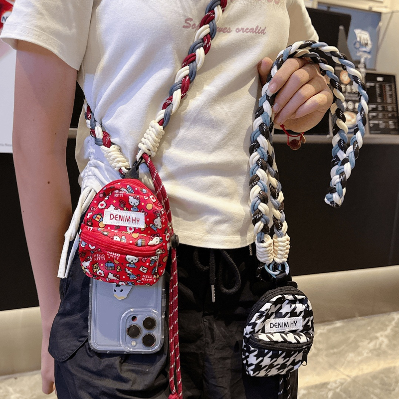 Custom Color Block Braided Phone Lanyard, Adjustable Crossbody Shoulder Strap with Lipstick Coin Purse, Outdoor Anti-Lost Phone Strap